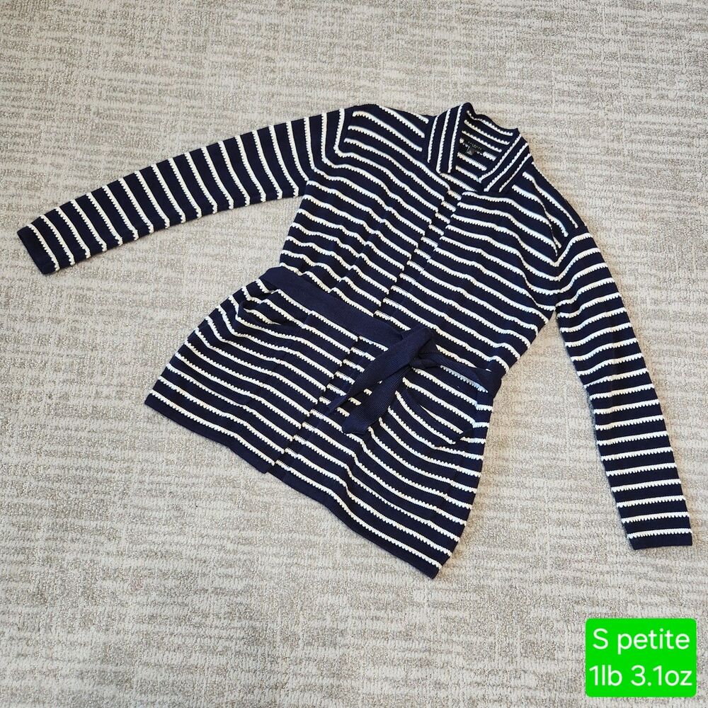 Talbots Womens Small Petite Belted Stripe Cardigan Knit Sweater Navy Blue White